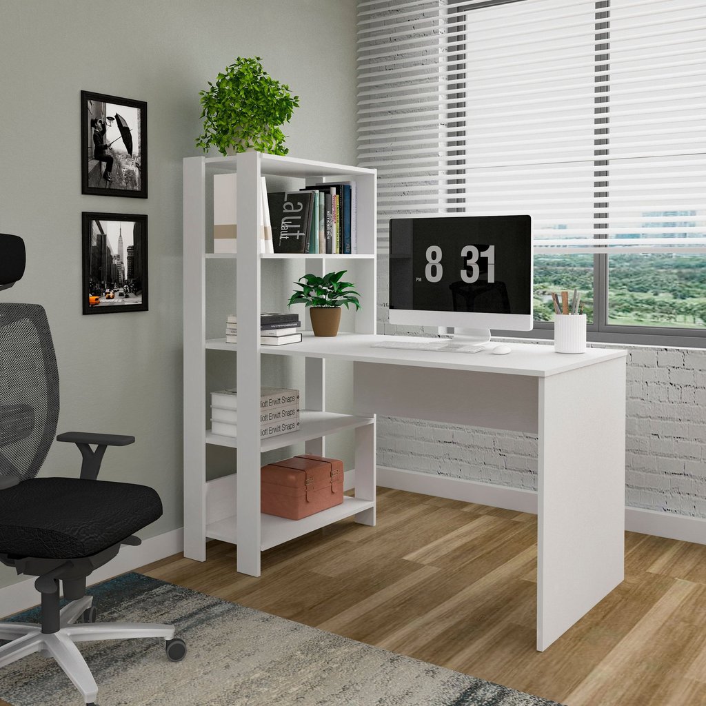Escrivaninha Mesa Escritório com Estante Match 4 Prateleiras 120cm Branco Branco