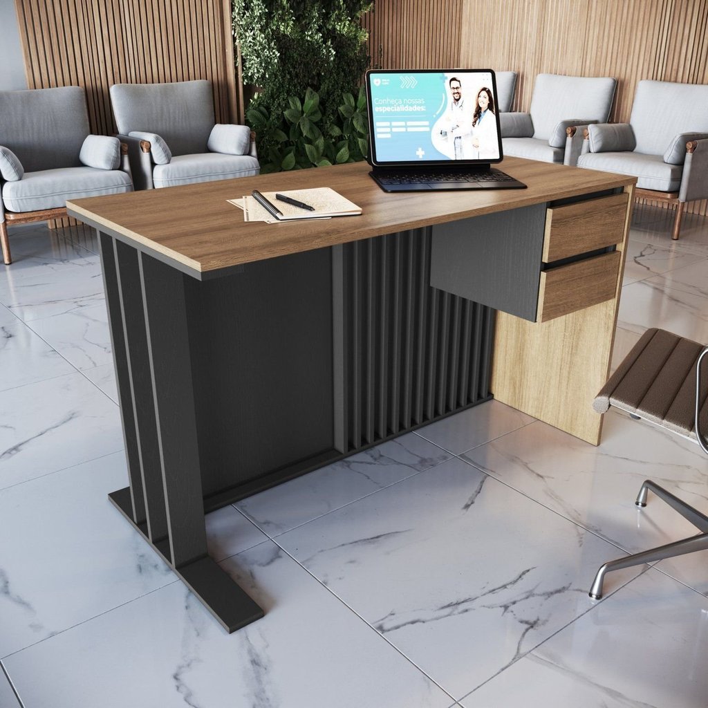 Mesa Escrivaninha Office Ripada com 2 Gavetas 120cm Mel e Grafite Preto