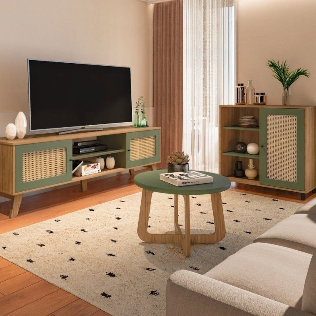 Kit 3 Peças com Rack para TV até 75 Polegadas, Buffet e Mesa de Centro Memphis Verde Carvalho/Menta