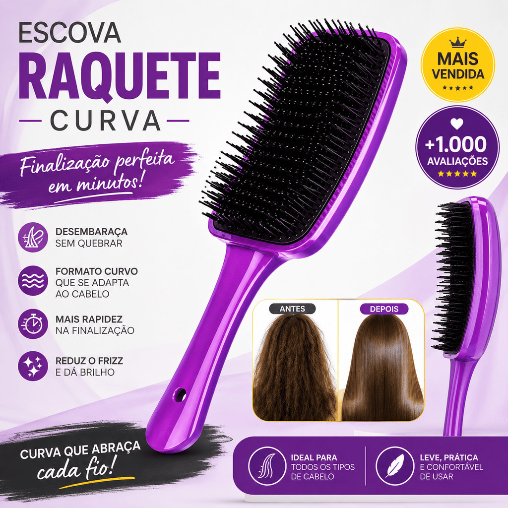 Escova Raquete Curva Profissional Anti Frizz Cerdas Flexíveis Desembaraça Sem Quebrar os Fios 