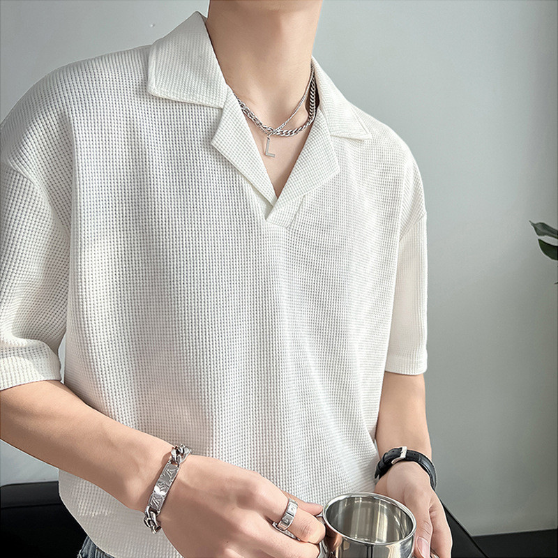 [Estoque pronto] Camisa de gola de manga curta masculina Street Wear nicho Design roupas masculinas roupas internas