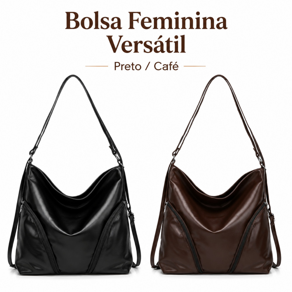 Bolsa Feminina Versátil PU Grande Capacidade Preto Café Alça Ajustável