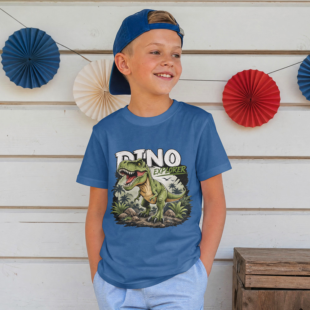 Camiseta Infantil Masculina Dino Explorer Dinossauro T-Rex Estampada Premium