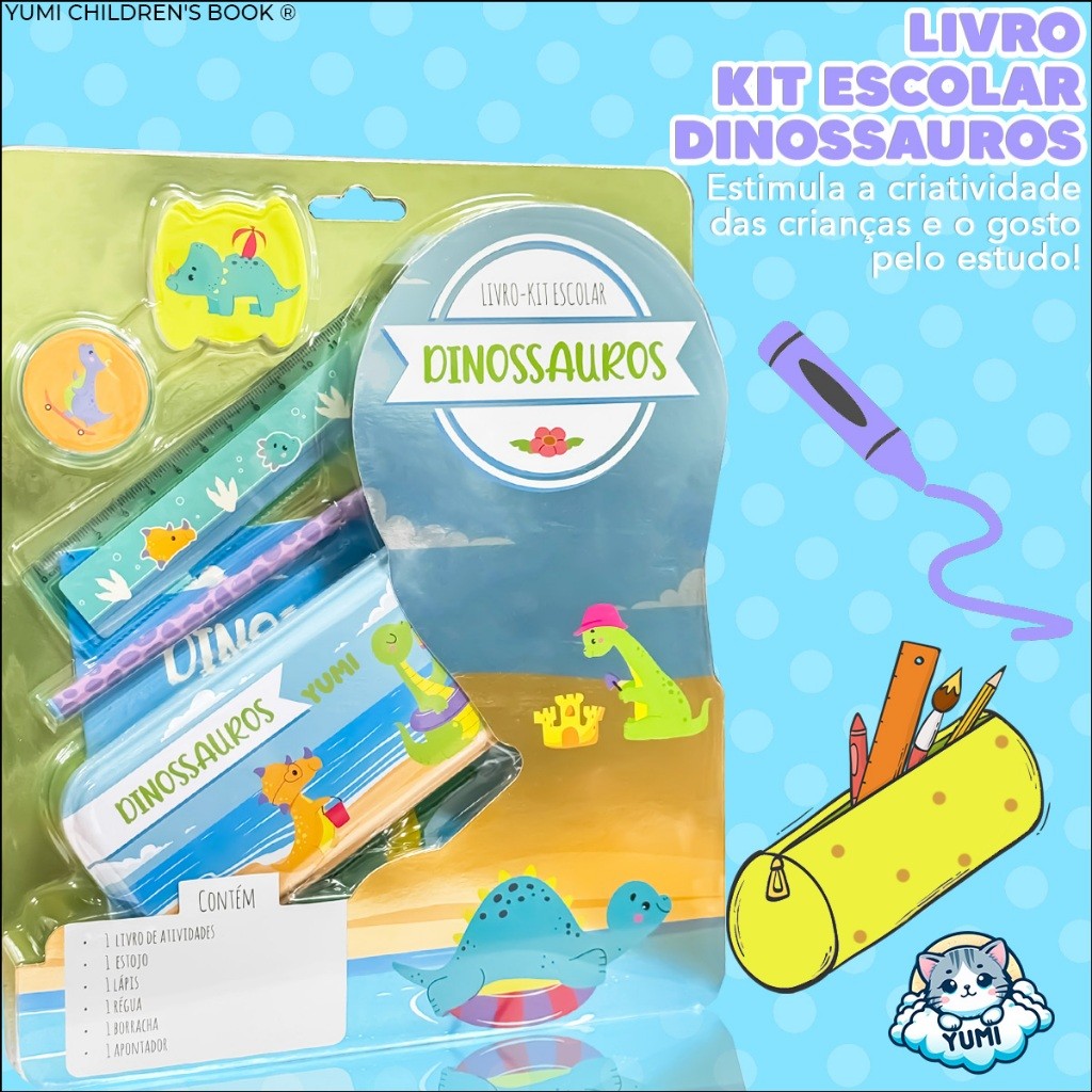 Livro Kit Escolar Dinossauros Criança - Livro De Atividades Educativas Com Estojo Lápis Régua Borracha E Apontador · foto 2