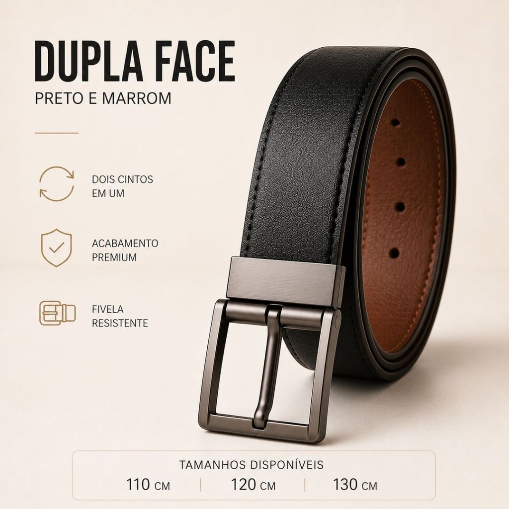 Cinto Masculino Dupla Face Com Fivela Giratória de Couro
