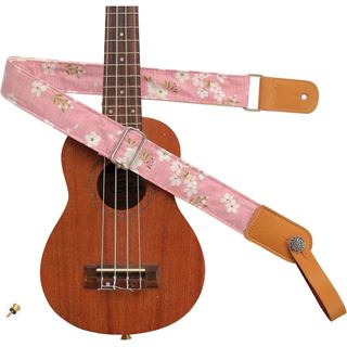 MUSIC FIRST Design Original Vintage “Pink Sakura” Correia de Ukulele em Musselina Macia e Couro Genuíno, Correia de Ombr