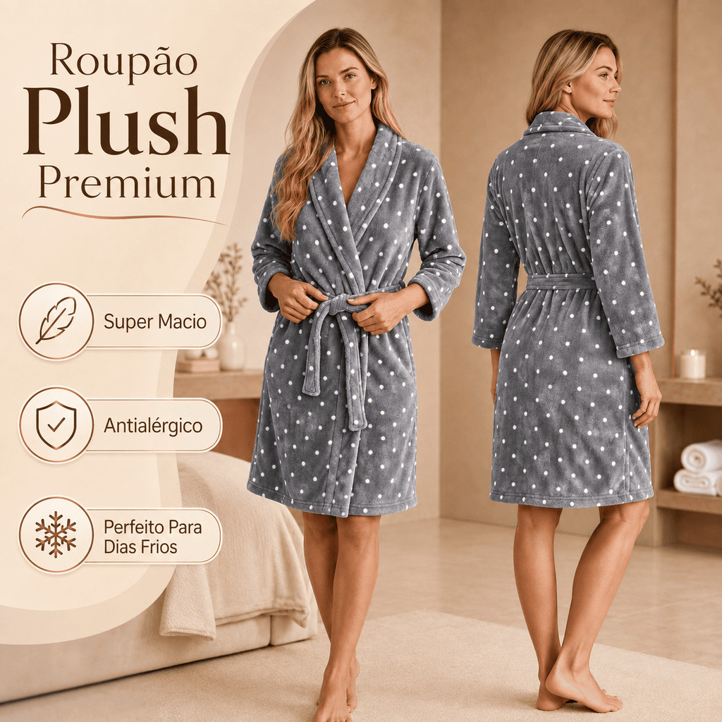Roupão Plush Feminino Corttex Poá Microfibra para Inverno Macio Confortável M e G