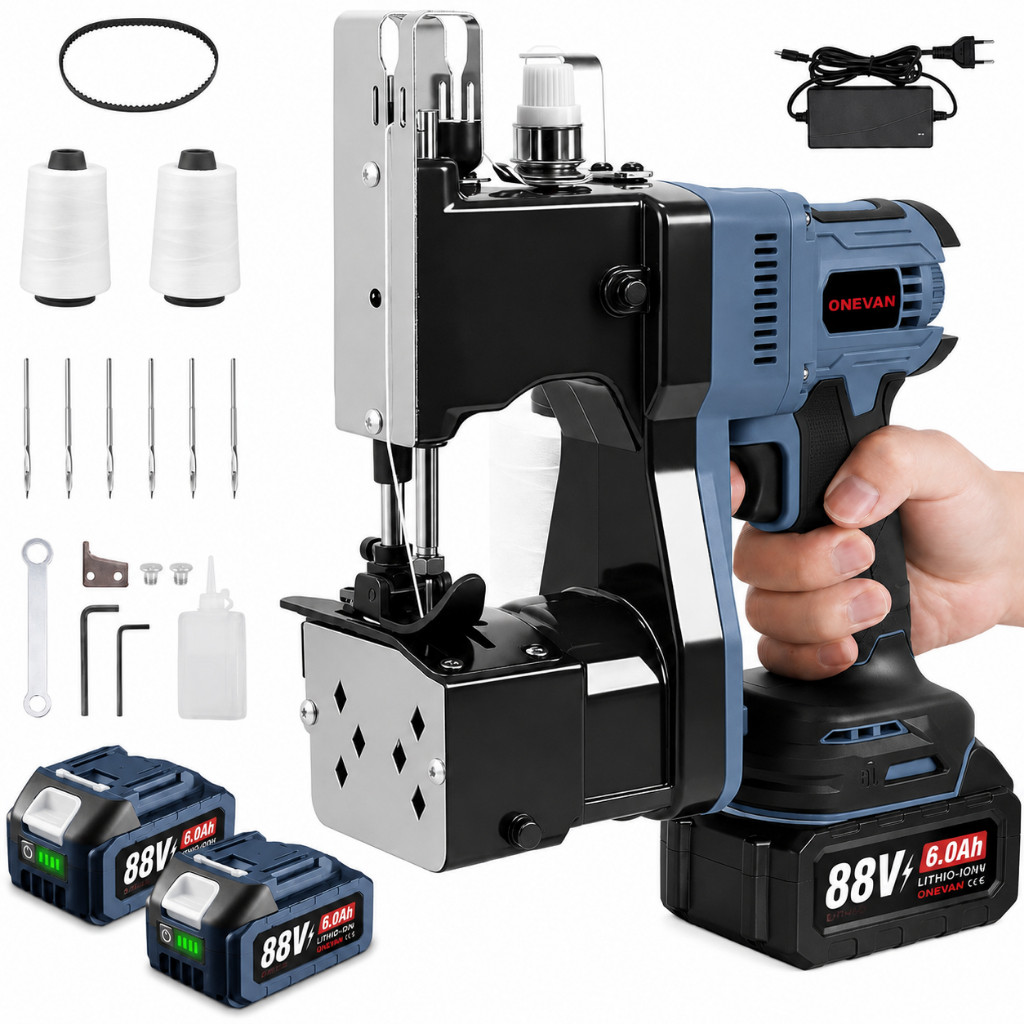 Máquina Costura Industrial Portátil 210W 6.0Ah Brushless - Corte Automático p/ Tecidos, Sacos e Kraft