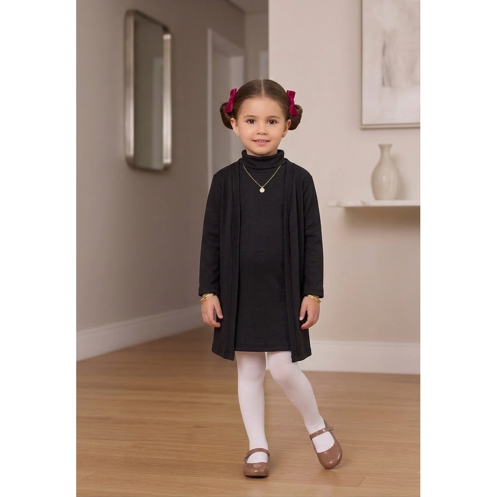 conjunto vestido + casaco cardigã infantil menina inverno / verão preto tamanho 8