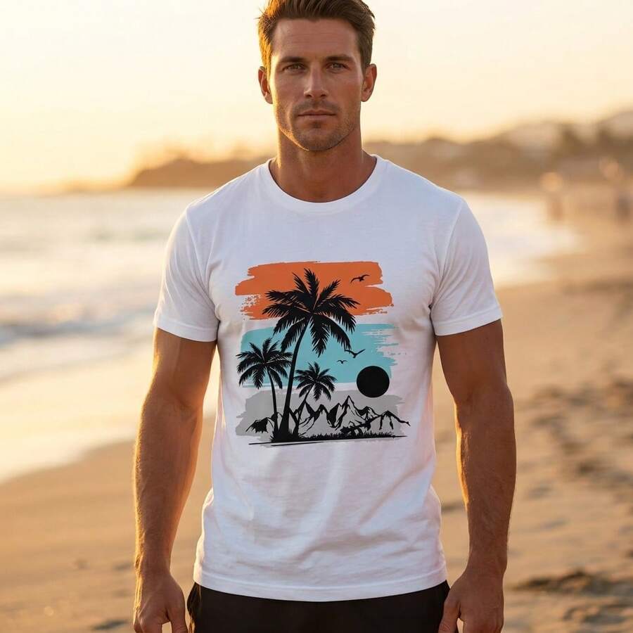 Camiseta Masculina Estampada Coqueiro Praia Verão Tropical Sunset Streetwear Casual Estilo Urbano Manga Curta