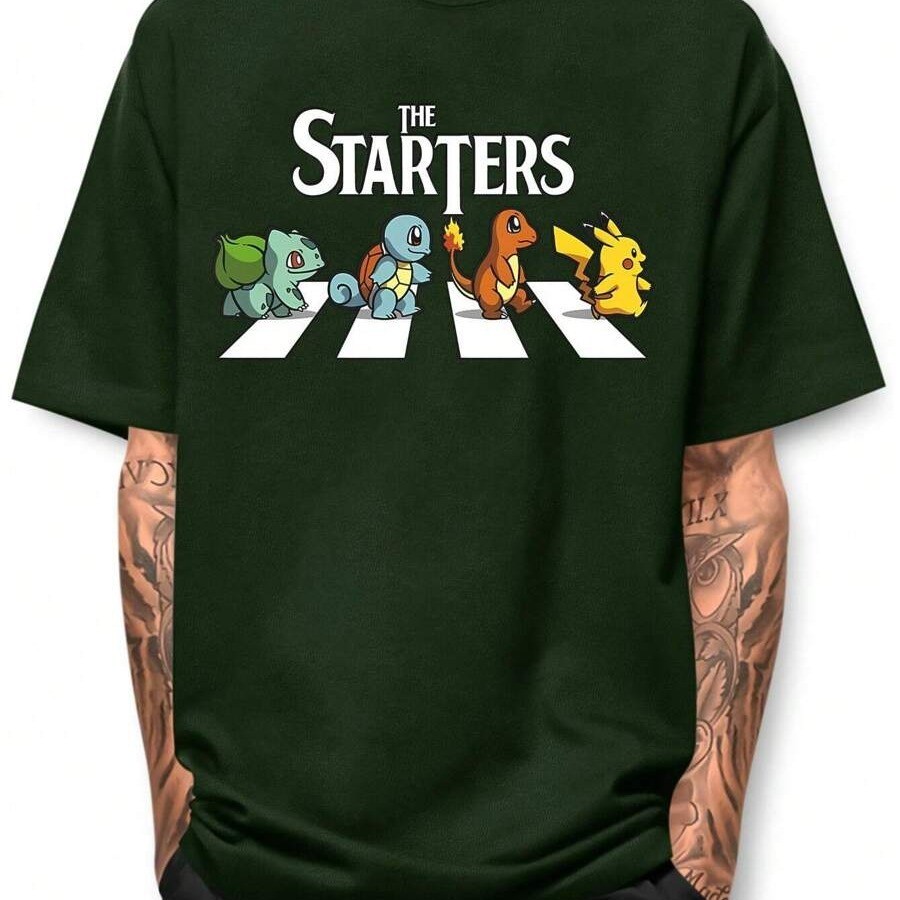 Camiseta Masculina Básica Estampada Pokémon The Starters Blusa 100% Algodão Versátil Confortável Plus Size