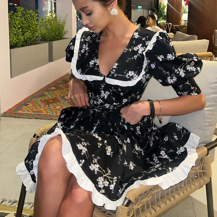 [Novo produto] Saia Floral francesa feminina com estampa Digital, gola de boneca, mangas bufantes, alta qualidade, contr