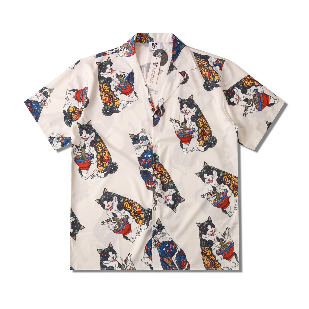 [Novo produto] Praia Casal Japonês Marca Cardigan Lucky Cat Impressão Digital Manga Curta Lapela Solta Camisa Casual [Ve