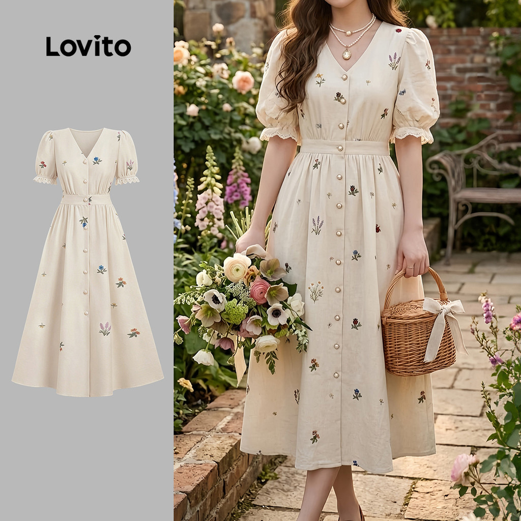 Lovito Vestido de Renda com Botões para Mulheres Estilo Casual Primavera/Verão Bordado LBL36058