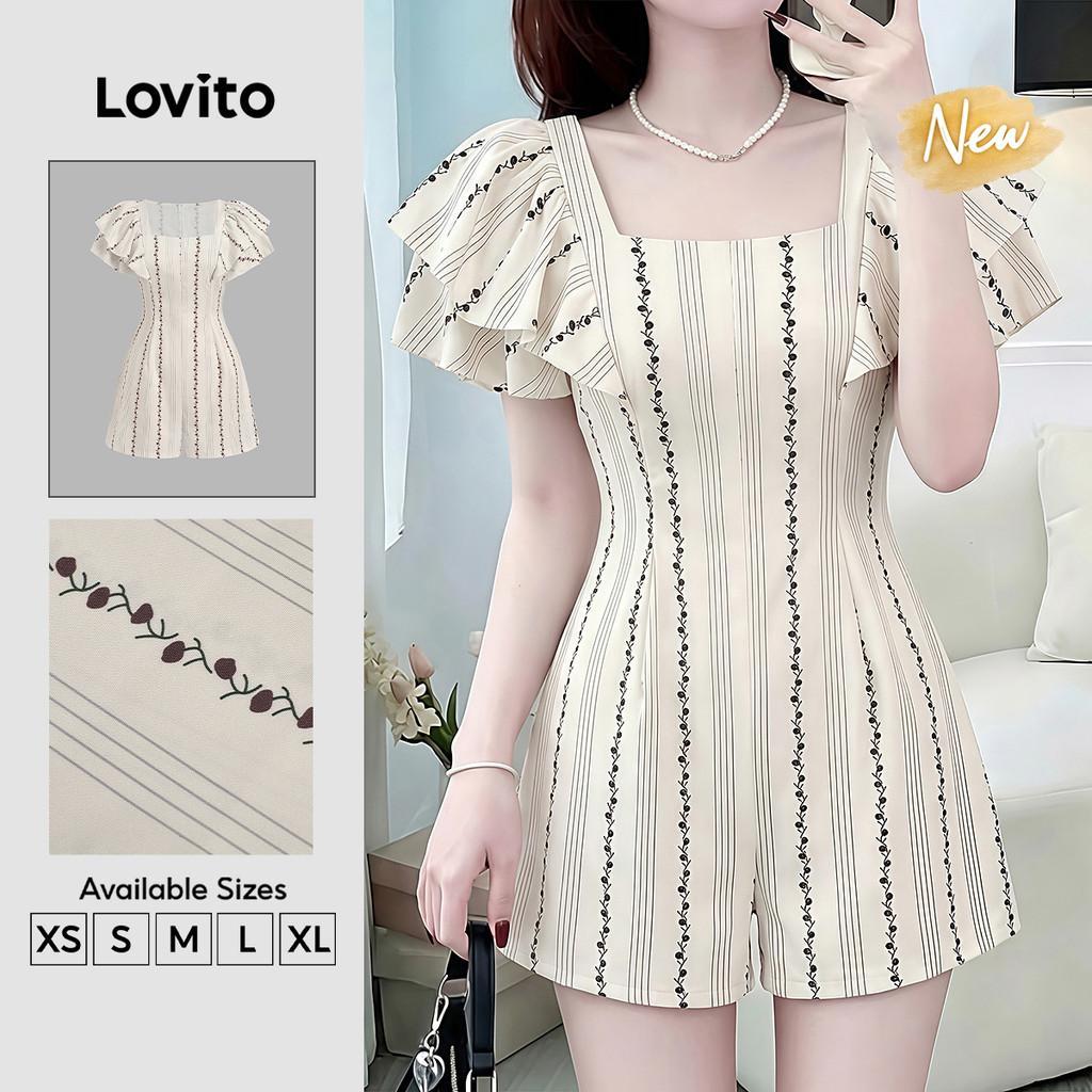 (New Arrival) Lovito Macacão Elegante Babado Dupla Camada Estrutura de Linhas Primavera/verão Macacão Off White para Mulheres JRB203TD152
