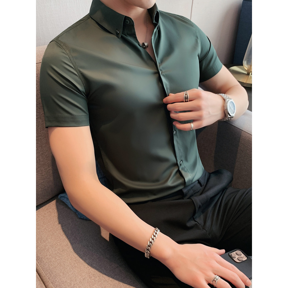 Verão gelo seda camisa de manga curta masculina 2026 novo estilo de negócios Anti-rugas não-ferro polegada camisa na mod