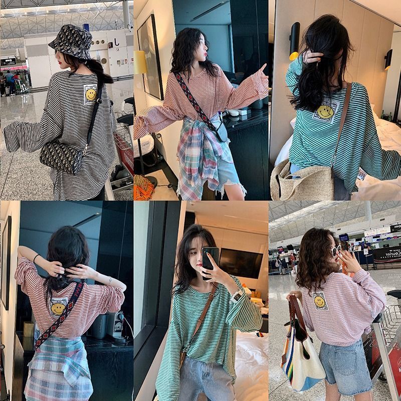 Nova Manga Comprida Solta Grande Camiseta Feminina Inschic Outono Listrado Moda Topos Tendência Preguiçosa