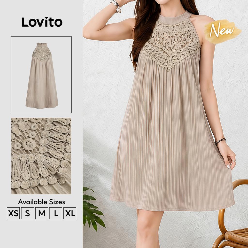 (New Arrival) Lovito Vestido Boho com Babados No Decote e Listras Laterais Khaki Primavera/verão para Mulheres DRB202P2D222