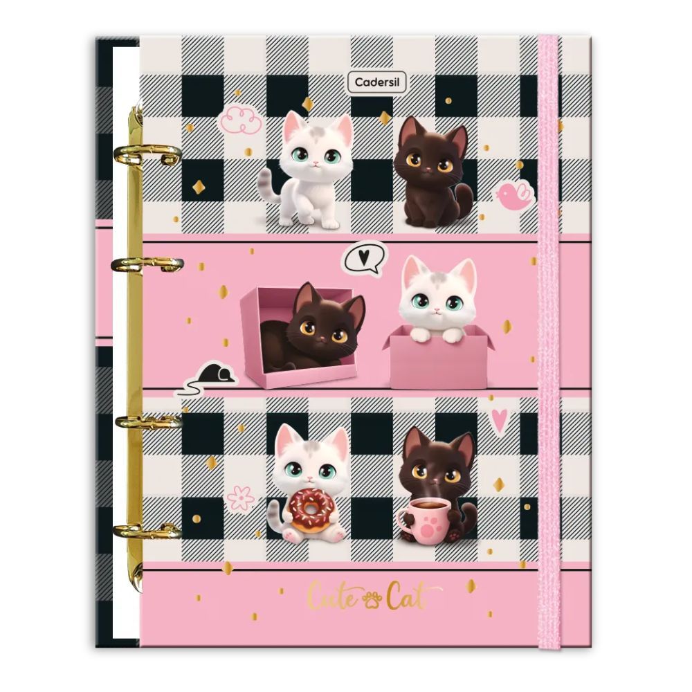 Caderno Colegial Argolado Cadersil Cute Cat Capa Dura Com Fichas e Elástico 80 folhas