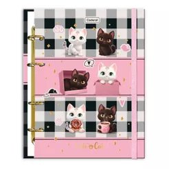 Caderno Colegial Argolado Cadersil Cute Cat Capa Dura Com Fichas e Elástico 80 folhas