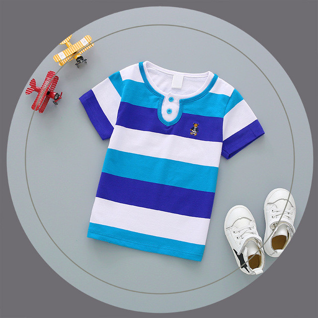 Novo estilo infantil puro algodão manga curta camiseta roupas infantis em torno do pescoço listrado camiseta meninos méd