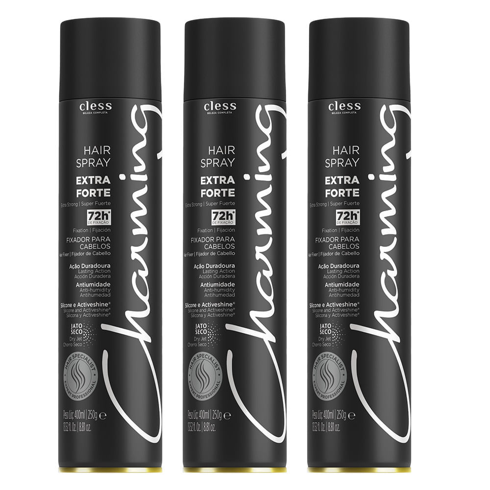Kit Hair Spray Charming Black Extra Forte Sem Perfume 400ml - 3 Unidades