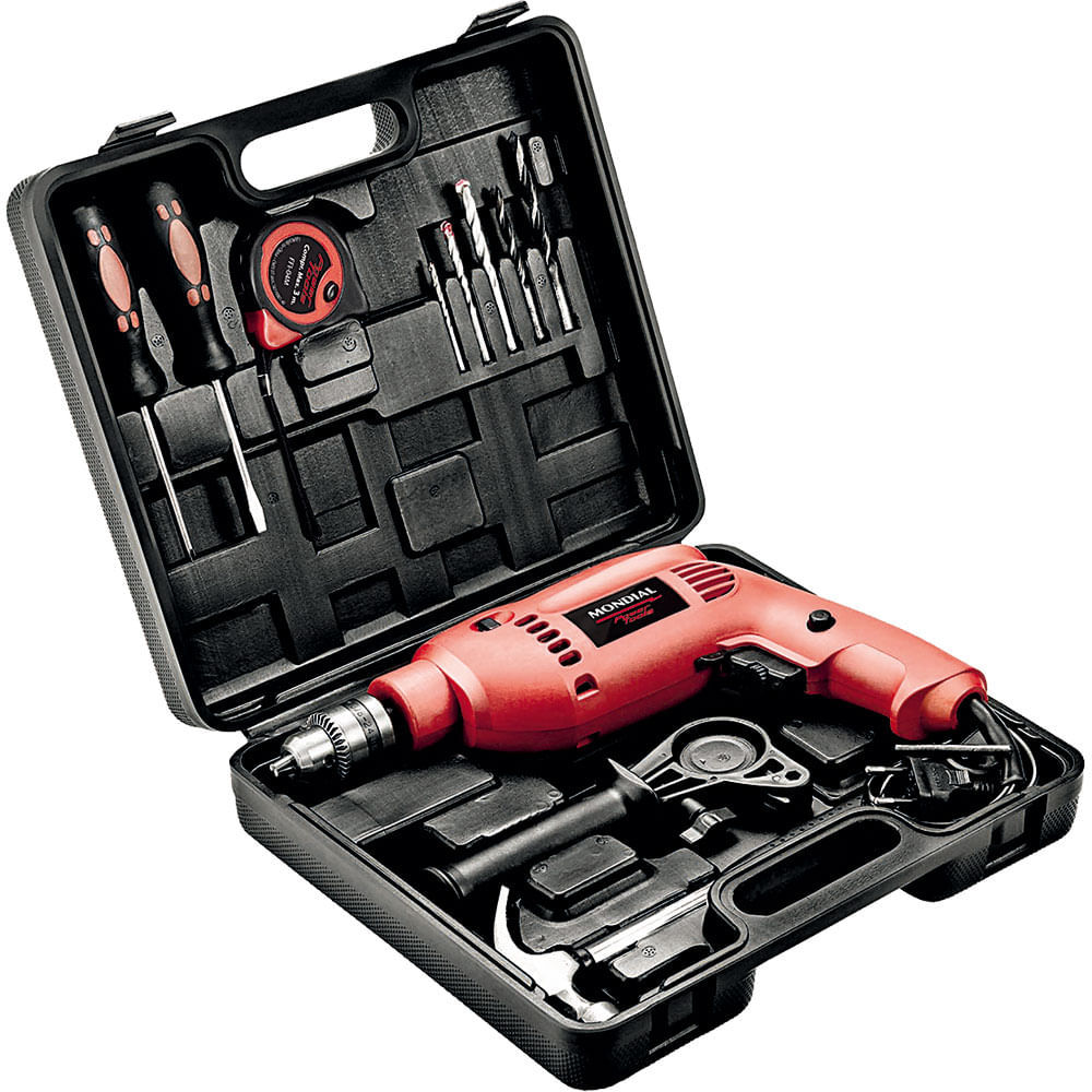 Kit Furadeira de Impacto 650W 3/8" Mondial Oficina NFFI-07M com 12 Peças e Maleta 127V