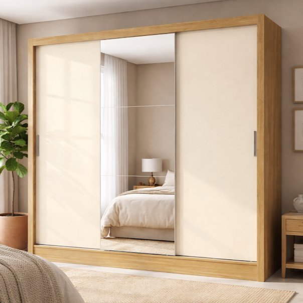 Guarda-Roupa Casal com Espelho 3 Portas de Correr e 2 Gavetas Plata Yescasa Cinamomo/Off White Marrom Cinamomo/Off White