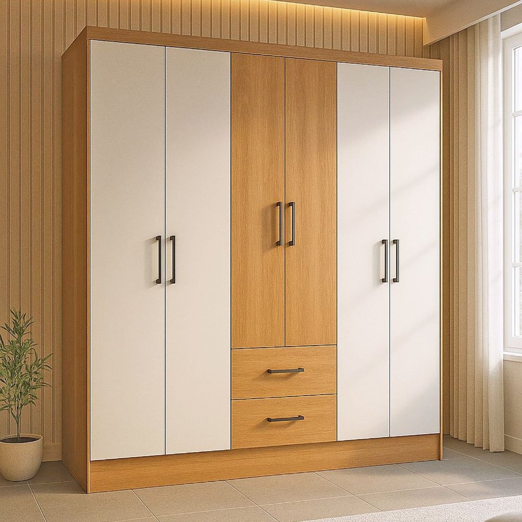 Guarda-Roupa Casal 6 Portas 2 Gavetas 8 Prateleiras 1 Cabideiro California Branco/Freijó/Off Freijó/Off White