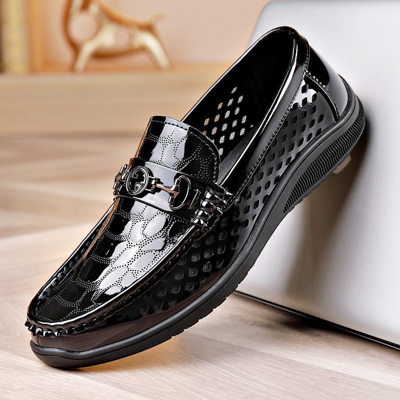 Sapatos de couro masculino couro envernizado respirável negócios casuais ervilhas sapatos verão oco couro deslizamento e