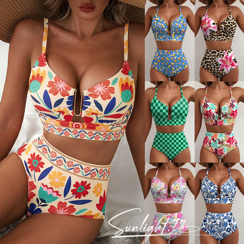 Conjunto de Biquíni Feminino de 2 Peças com Cintura Alta e Decote em U, Estampa Floral