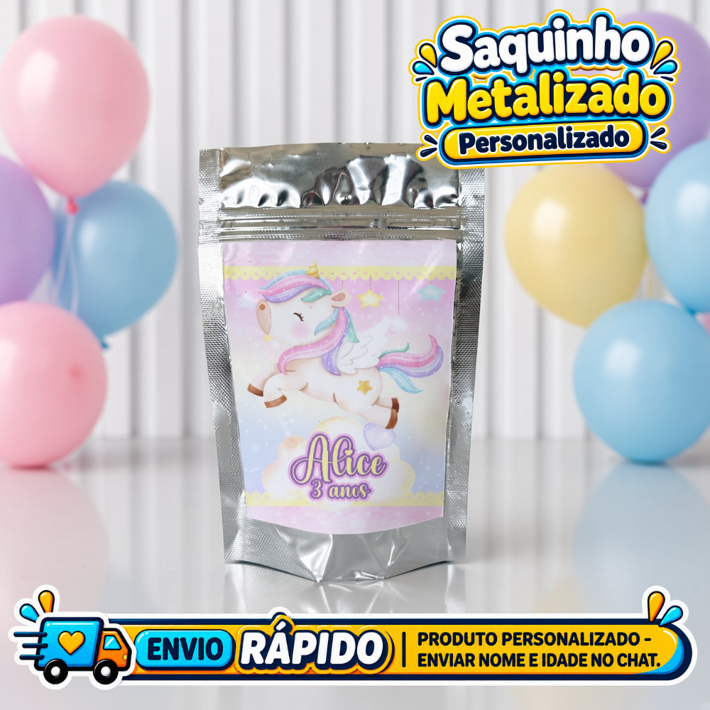 Saquinho Metalizado Unicornio Personalizado / Lembrancinha de Festa /Aniversário