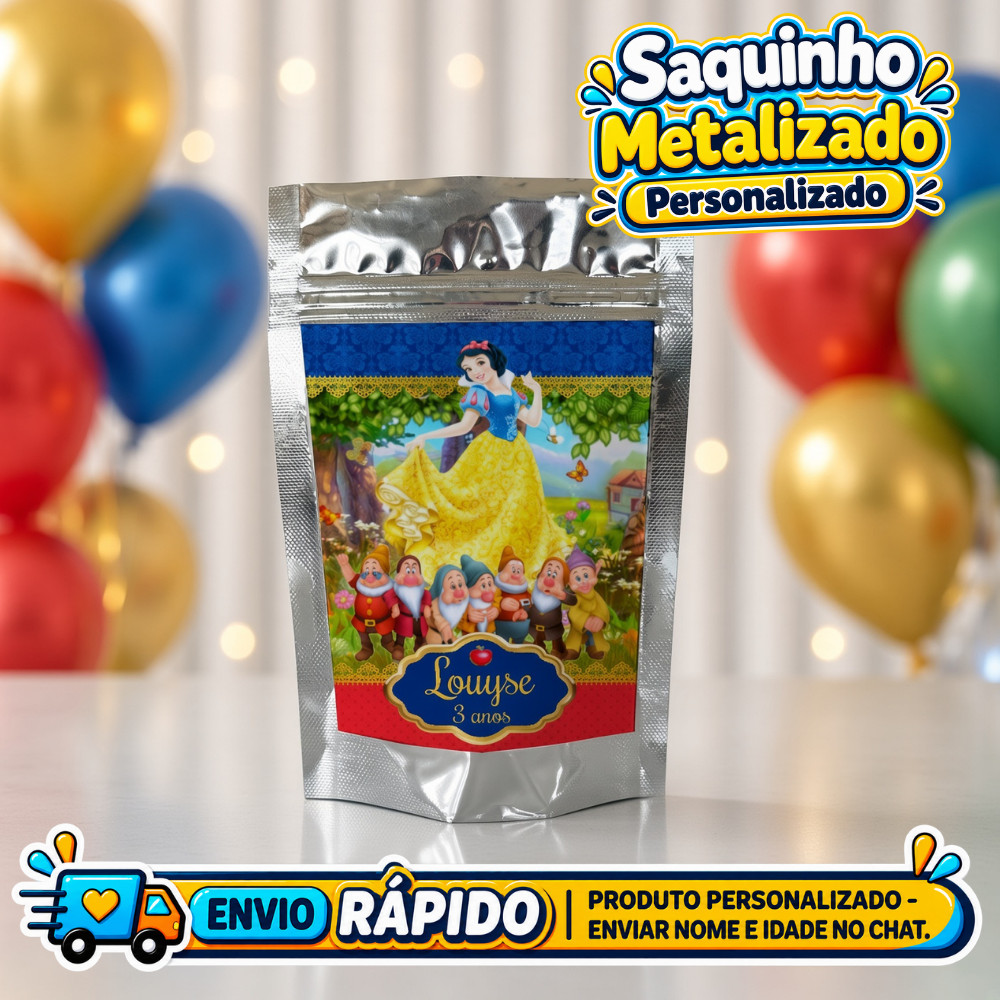 Saquinho Metalizado Branca de neve Personalizado / Lembrancinha de Festa /Aniversário