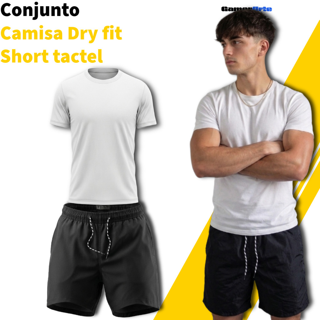 Conjunto Masculino Academia Camisa Dry Fit + Short Tactel Premium LISA - Kit Fitness Treino Corrida Esporte Casual