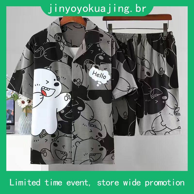 Pijamas masculinos verão manga curta Shorts finos dos desenhos animados adolescentes estudantes Plus Size casal Homewear