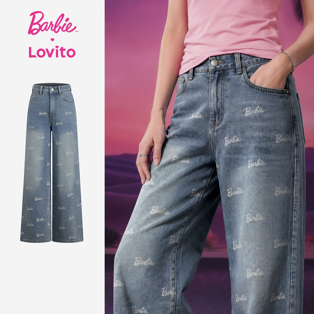 Barbie™ X Lovito Calça Jeans Azul Feminina Primavera/Verão Casual Cintura Média Pernas Retas Bolso LBL5AD021