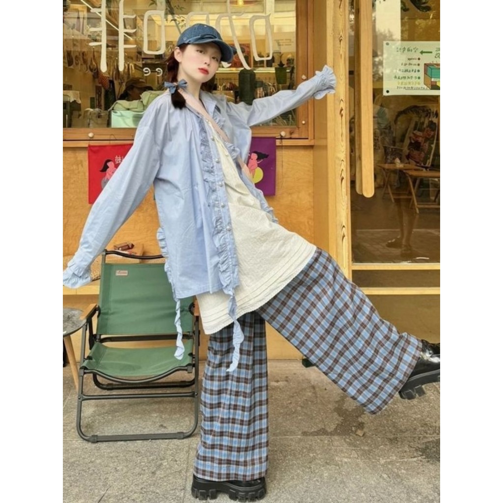 Estilo doce elegante fungo borda camisa de manga comprida feminina primavera outono estilo coreano fita solta lapela cam