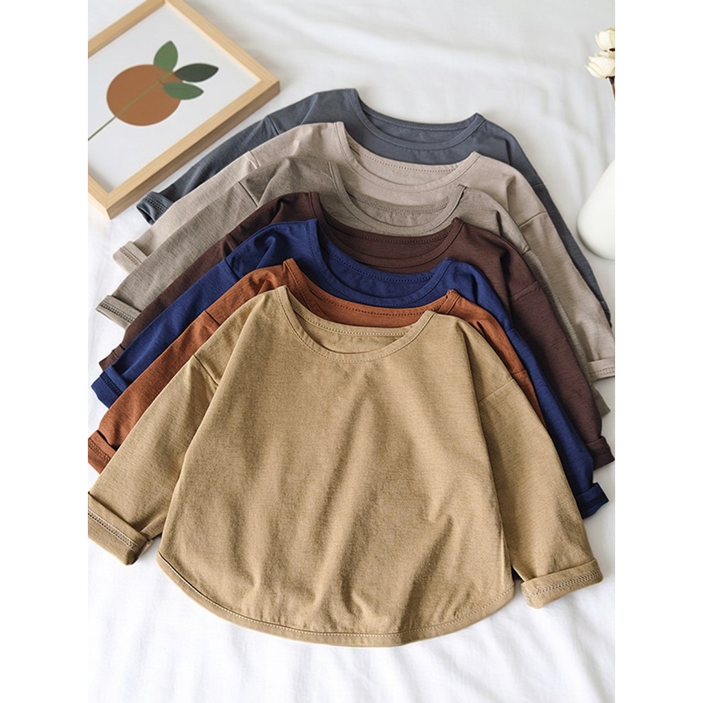 Crianças primavera verão camiseta longa versão coreana Casual solto moda meninos meninas doce cor camisa de fundo cor só
