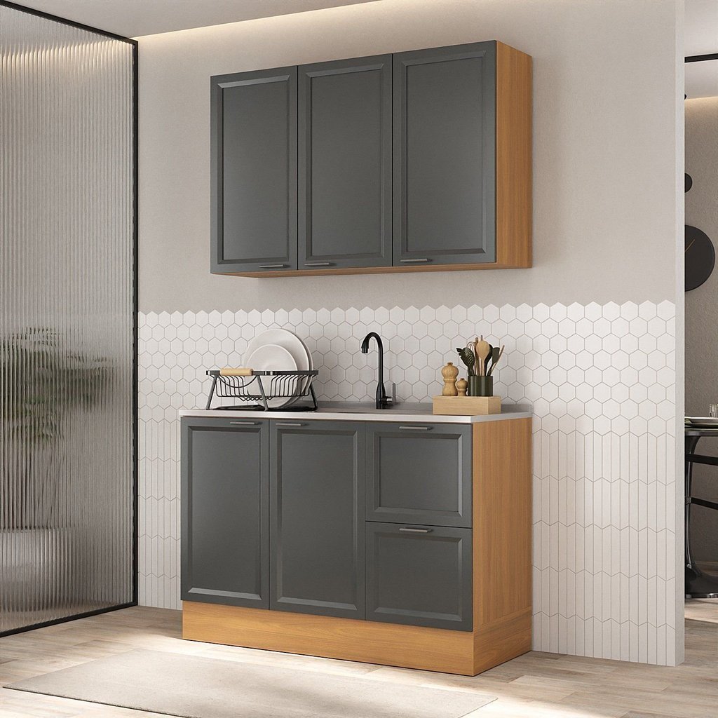 Cozinha Compacta Planejada 2 Peças 1 Aéreo 1 Balcão Soho CabeCasa MadeiraOriginals Cinza/Freijó/Grafite