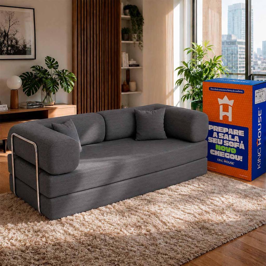 Sofá Cama Chegada Espuma á Vácuo 3 Lugares 2,02m Veludo Cotelê Cinza Grafite - King House