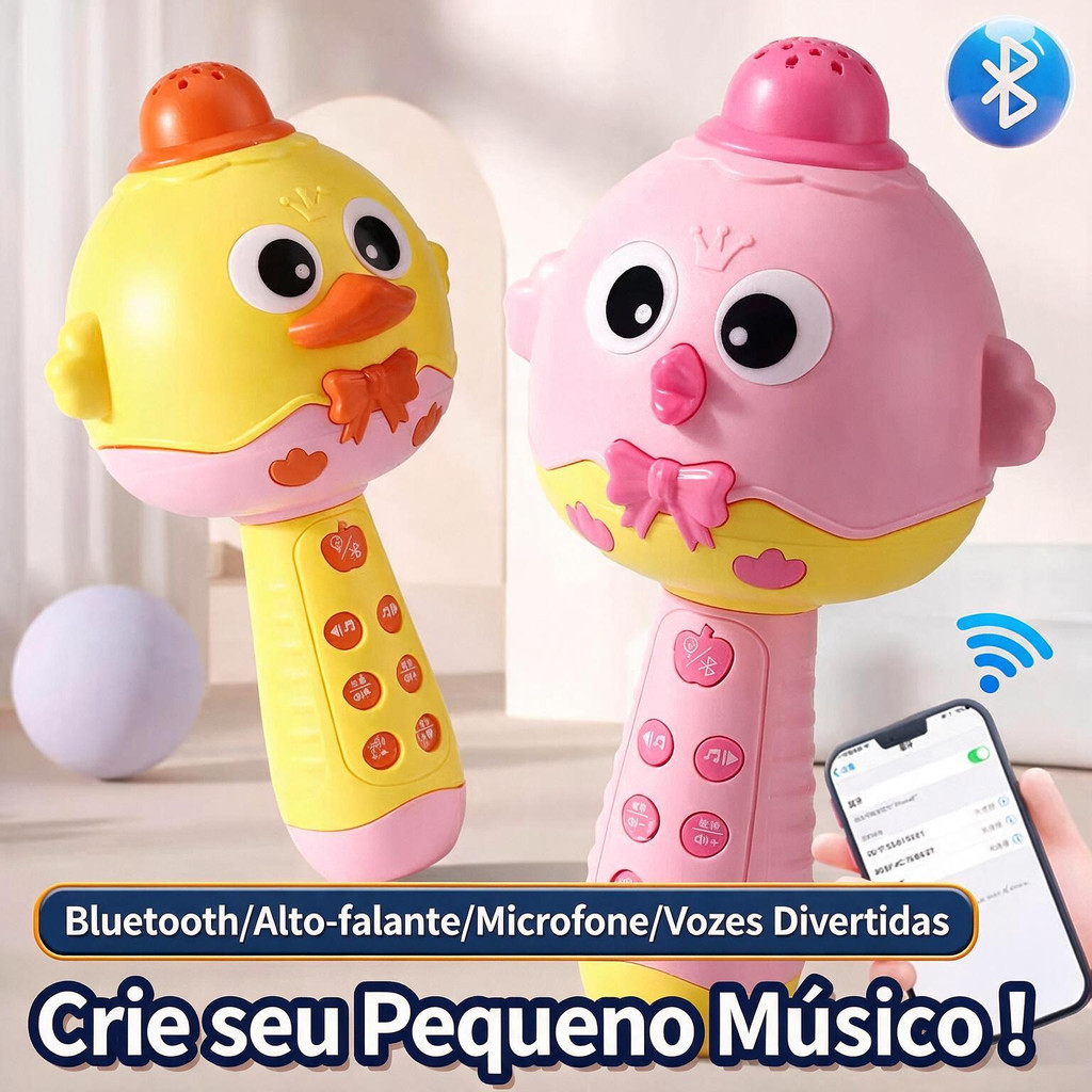 Microfone Infantil Bluetooth Karaokê com Efeitos de Voz, Músicas e Histórias - Brinquedo Educativo Recarregável