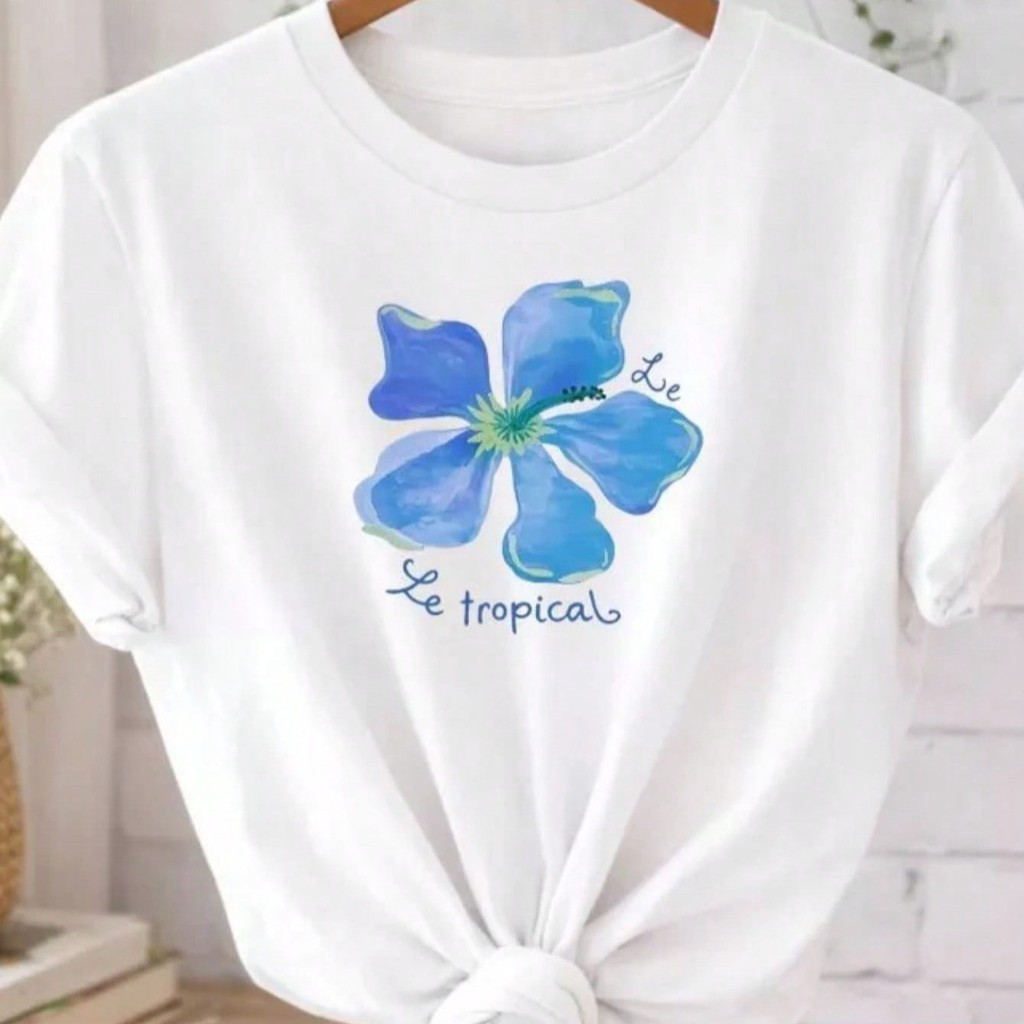 Camiseta Feminina Moderna Estampada 100% Algodão Confortável Casual Fashion Streetwear Estampada com: Flor Tropical