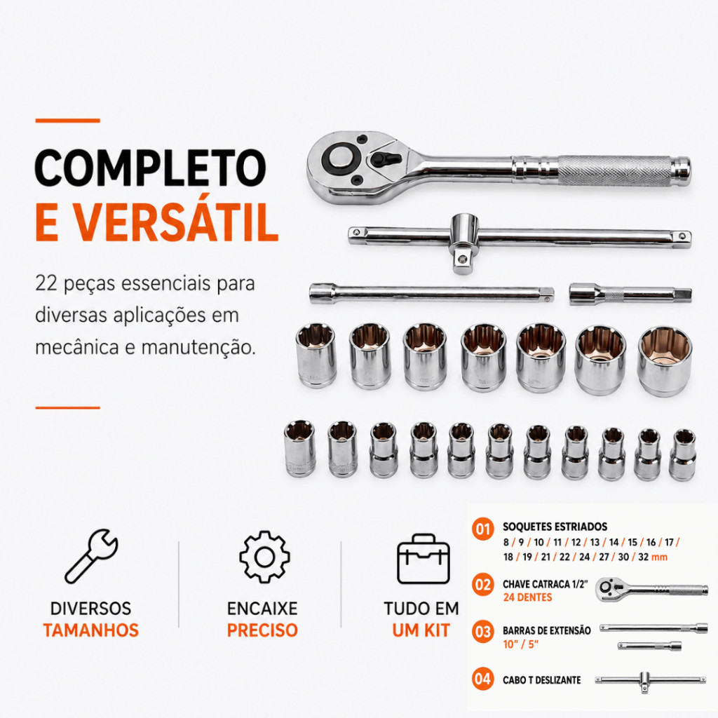 Kit Chave Catraca 22 Peças com Soquetes 8 a 32mm Encaixe 1/2 e Maleta LUATEK LWJ-2320 · foto 2