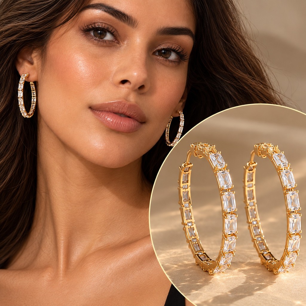Brinco Feminino Argola Elegante Dourada Com Pino Cobre Banhado A Ouro Zircônia Antialérgico Não Escurece Festas