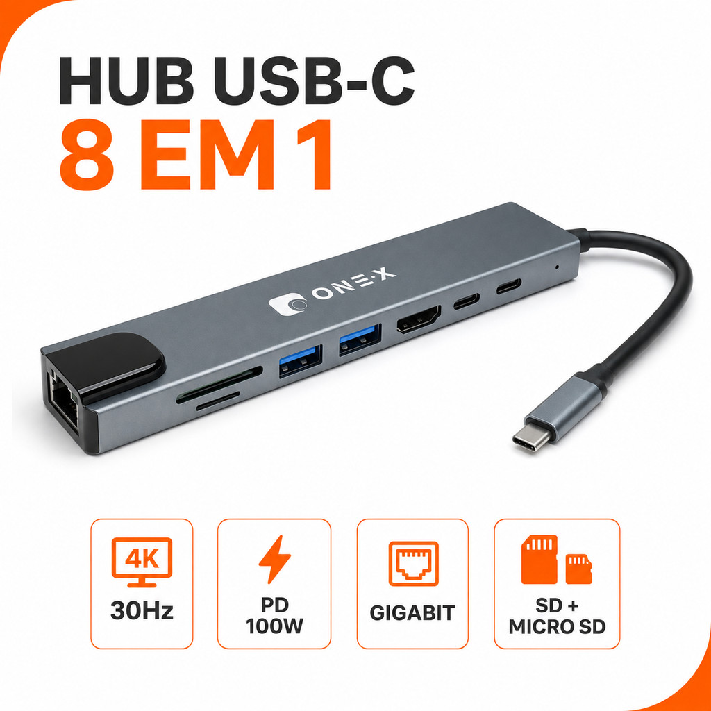 Hub USB-C 8 Em 1 ONE·X HDMI 4K 30Hz RJ45 Gigabit PD 100W USB 3.0 SD Compatível Com MacBook E IPad