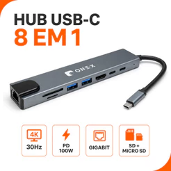 Hub USB-C 8 Em 1 ONE·X HDMI 4K 30Hz RJ45 Gigabit PD 100W USB 3.0 SD Compatível Com MacBook E IPad