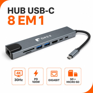 Hub USB-C 8 Em 1 ONE·X HDMI 4K 30Hz RJ45 Gigabit PD 100W USB 3.0 SD Compatível Com MacBook E IPad