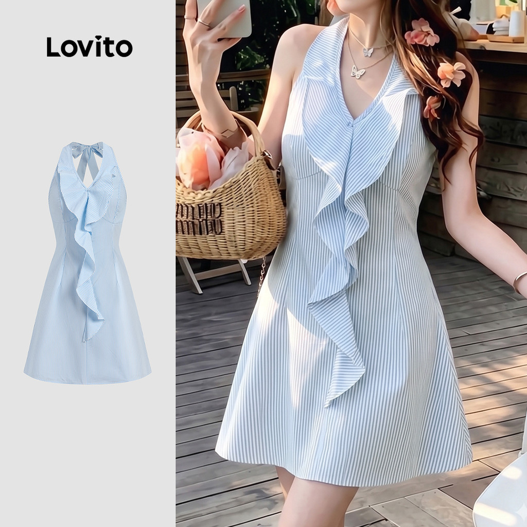 Lovito Vestido Casual com Babado Azul para Mulheres Primavera/Verão L200AD261