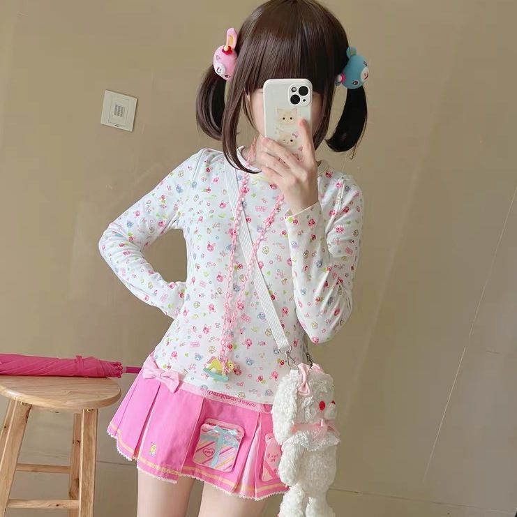 X-ORANGE Estilo Japonês Camiseta de Manga Comprida Bonito Doce Dos Desenhos Animados Slim-Fit Top Primavera Novo Estilo 