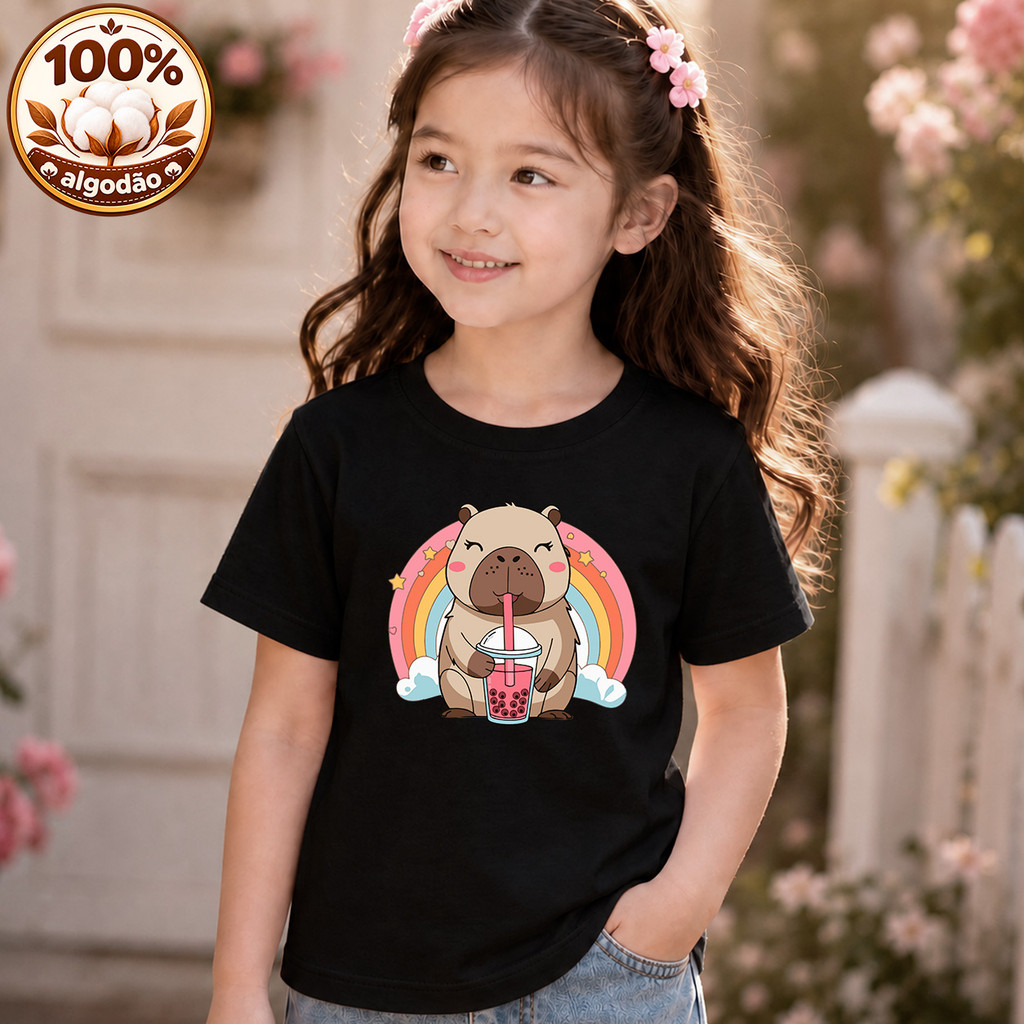 Camiseta Infantil Capivaras Cute Feminina 100% Algodão Estampas Divertidas Confortável Tamanhos 2 4 6 8 10 12